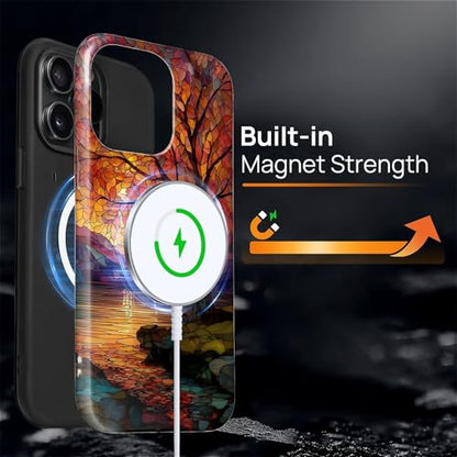 Magnetic Phone Case for iPhone 14 Pro Max,Compatible with MagSafe,Durable 2 Layers Full Covered Shockproof Protective Cover-Stained Glass Sunrise Fall Leaves - color: Stained Glass Sunrise Fall Leaves, size: iPhone 14 Pro Max