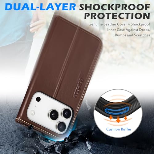 SHIELDON Leather Case Wallet for iPhone 17 Pro Max 6.9" 2025, Retro Coffee | Genunine Leather, Flip Magnetic Cover, Kickstand, RFID Blocking, 3 Credit Card Holder, Shockproof, Soft Inner Phone Case - color: Retro Coffee