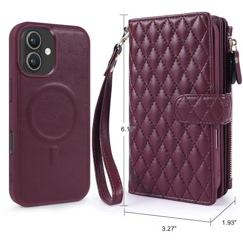 for iPhone 17 Case Wallet,Compatible with MagSafe 2 in 1 Magnetic Detachable PU Leather RFID Blocking Wallet Cover Card Holder Zipper Wrist Strap Lanyard,Quilted Wine Red - color: Quilted Wine Red, size: iPhone 17
