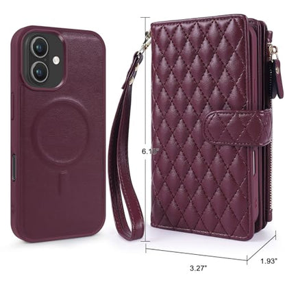 for iPhone 17 Case Wallet,Compatible with MagSafe 2 in 1 Magnetic Detachable PU Leather RFID Blocking Wallet Cover Card Holder Zipper Wrist Strap Lanyard,Quilted Wine Red - color: Quilted Wine Red, size: iPhone 17