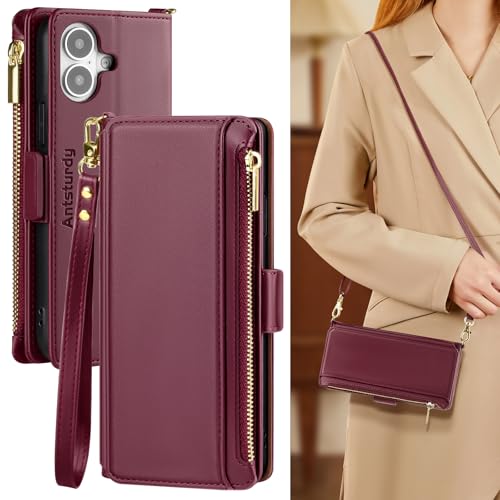 Antsturdy Crossbody Phone Wallet Case for iPhone 17,Wine Red | RFID Blocking,PU Leather Flip Cover,Kickstand,with Credit Card Holder,Wrist Strap Lanyard & Handbag Purse,for Women & Men - color: (Crossbody)-Wine Red