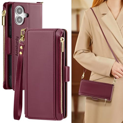 Antsturdy Crossbody Phone Wallet Case for iPhone 17,Wine Red | RFID Blocking,PU Leather Flip Cover,Kickstand,with Credit Card Holder,Wrist Strap Lanyard & Handbag Purse,for Women & Men - color: (Crossbody)-Wine Red