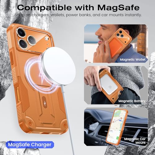 Caka 4-in-1 for iPhone 17 Pro Max Case with Belt Clip Holster and Stand | HD Glass Screen & Camera Lens Protector, Compatible with MagSafe, Hidden Kickstand, Rugged Heavy Duty Shockproof Phone Cover - color: Orange