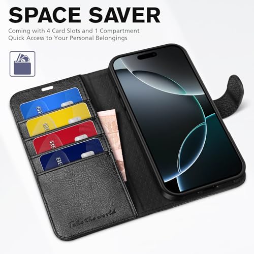 TUCCH Wallet Case for iPhone 16 Pro Max (6.9"), Flip Stand, Textured Black | RFID Blocking, 4 Card Holders, Kickstand, PU Leather, Shockproof TPU Shell, Magnetic Closure, Protective Folio Cover - color: Textured Black