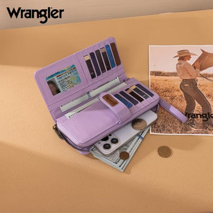 X Wrangler Women's Wallets Bifold Wristlet Wallets for Women Large Capacity Credit Card Wallet with ID Window - color: Leopard Purple