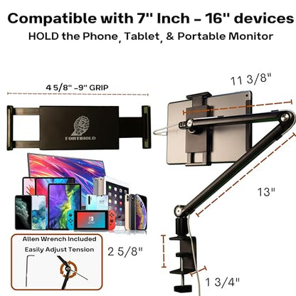 Stand for 16 Inch Portable Monitor - Heavy Duty Aluminum Mount with Infinite Angle Adjustment, Built-in Cable Management - Fits iPad Pro 12.9, Tablets, iPhone (Holds 4.7"-16" Devices) - color: Black