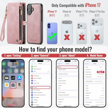 Defencase for iPhone 17 Phone Case Wallet Compatible with Magsafe, Rosepink | Magnetic Detachable, Drop-Proof Protective Wallet Cases Cover, with RFID Bolcking Card Holder, Zipper Strap, Soft PU Leather - color: (Detachable with Magsafe)-Pink