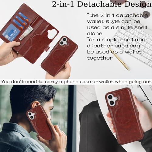 Ｈａｖａｙａ for iPhone 16 Case Detachable Wallet Case with Card Holder，2 in 1 Pu Leather Flip Folio Credit Card Slots Stand Compatible Magsafe Magnetic Shockproof Phone Cover (6.1")-Deep Brown - color: Deep Brown-Detachable
