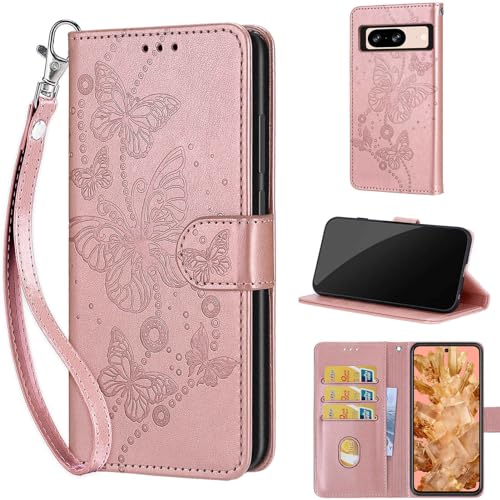 Wallet Case for Google Pixel 8, Rose Gold Butterfly | Women Flip Folio Cover, Embossed PU Leather, Stand, Credit Card Holders Slots, Wrist Strap - color: 7