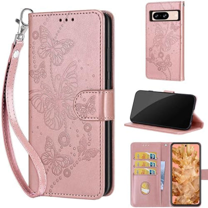 Wallet Case for Google Pixel 8, Rose Gold Butterfly | Women Flip Folio Cover, Embossed PU Leather, Stand, Credit Card Holders Slots, Wrist Strap - color: 7