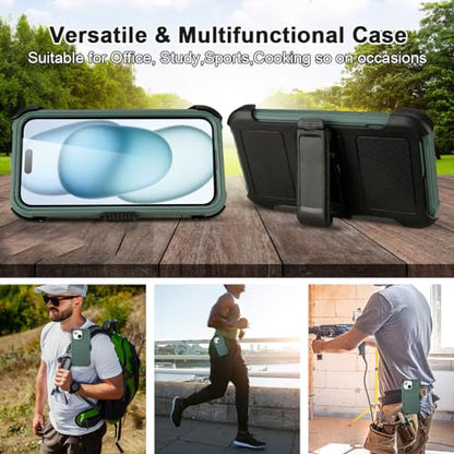 for Defender Case iPhone 13 Phone Case with Belt Clip Heavy Duty Dark Green | Protective iPhone 13 Cases Kickstand Rugged with 2 Layers of Sturdy, Shockproof Phone Cover for iPhone13 Case Black 6.1 inch - color: Dark Green