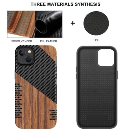 TENDLIN Compatible with iPhone 15 Case Wood Grain with Carbon Fiber Texture Design Leather Hybrid Slim Case (Twill) - color: Twill, size: iPhone 15