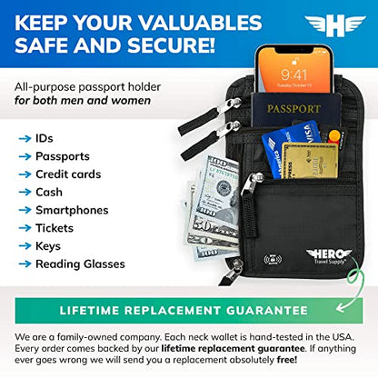 HERO Neck Wallet - RFID Blocking Passport Holder, Easy to Conceal Travel Pouch (Black) - color: Black