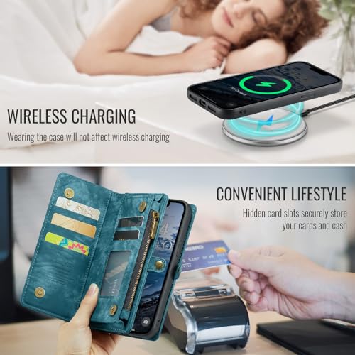 Compatible with iPhone 17E/16E Wallet Case with Magsafe,Blue | Magnetic Detachable Case,Card Holder,Zipper Pocket,Strap Wristlet, Soft Leather Drop-Proof Phone Case for iPhone 17E/16E - color: (Detachable and Magsafe)-Blue, size: iPhone 16E/17E 6.1 Inch