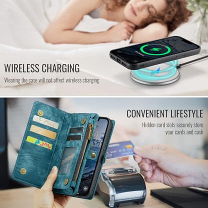 Compatible with iPhone 17E/16E Wallet Case with Magsafe,Blue | Magnetic Detachable Case,Card Holder,Zipper Pocket,Strap Wristlet, Soft Leather Drop-Proof Phone Case for iPhone 17E/16E - color: (Detachable and Magsafe)-Blue, size: iPhone 16E/17E 6.1 Inch