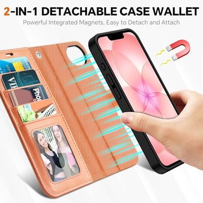 TUCCH Detachable 2-in-1 Case Wallet for iPhone 17e & 16e 6.1", Peachy Pink | 4 Card Slots, RFID Blocking, Wireless Charging, Viewing Stand, Wrist Strap, PU Leather, Shockproof TPU, Magnetic, Flip Cover - color: Textured Peachy Pink