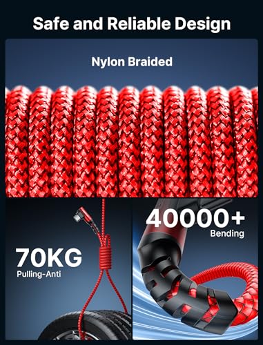 JSAUX 3-in-1 USB C Cable 2-Pack 10FT, 100W Right-Angle Fast Charging, Red - color: Red, size: 10FT