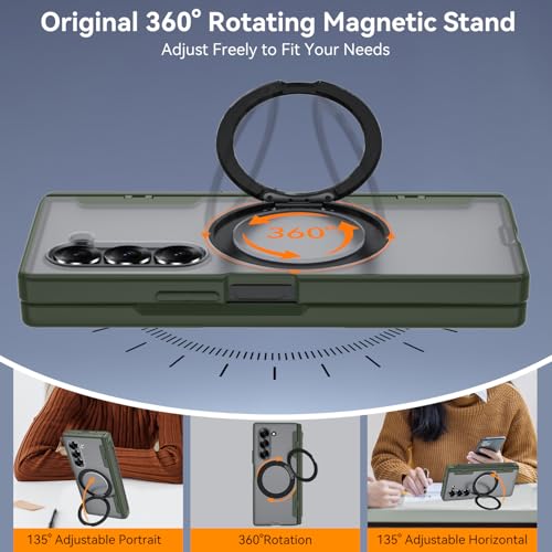 Upgraded 360° Spin Magnetic Invisible Ring Stand for Samsung Galaxy Z Fold 6 Case,[Compatible with MagSafe][S Pen Holder][Hinge Protection][Screen Protector],Shockproof Full Body Phone Cover (Green) - color: Green