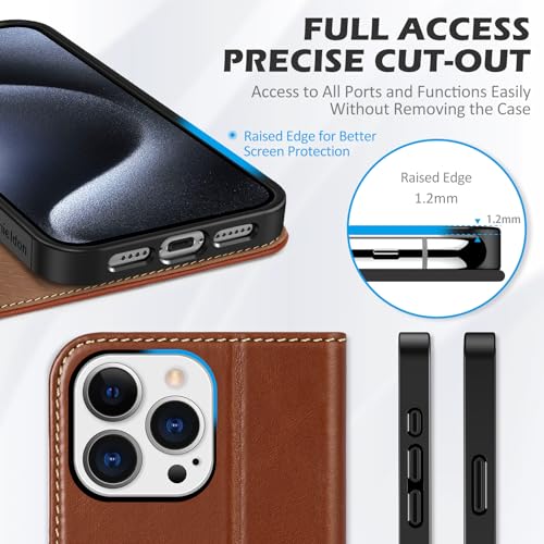 SHIELDON Genuine Leather Case Wallet for iPhone 15 Pro Max, Retro Brown | Magnetic Closure, RFID Blocking, Credit Card Slot, Kickstand, Flip Book Design, Shockproof TPU Phone Cover - color: Retro Brown