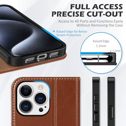 SHIELDON Genuine Leather Case Wallet for iPhone 15 Pro Max, Retro Brown | Magnetic Closure, RFID Blocking, Credit Card Slot, Kickstand, Flip Book Design, Shockproof TPU Phone Cover - color: Retro Brown