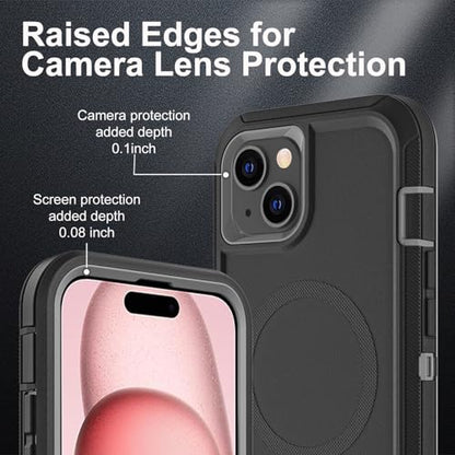 YKHJKLEC for iPhone 15 Case, Compatible with Magsafe, Military Grade 3 in 1 Heavy Duty Shockproof/Drop Proof/Dust Proof Case with 2Pcs Tempered Glass Screen Protector (New-Black/Grey) - color: New-Black/Grey