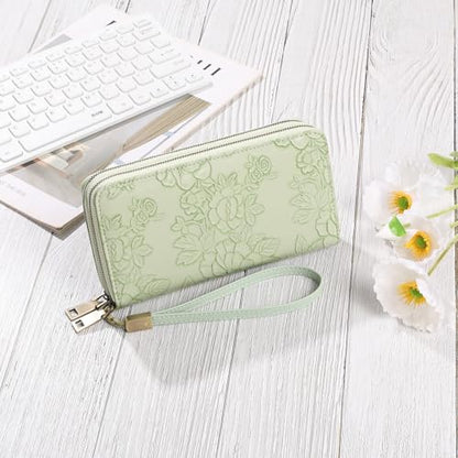 GAEKEAO RFID Leather Wristlet Wallet for Women with Grip Strap | Large capacity clutch wallet, credit card holder, wrist strap, zipper purse, travel and shopping - color: A12 Embossed Light Green-1