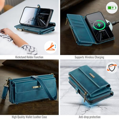 Wallet Case for iPhone 14 Pro – RFID Blocking PU Leather Phone Case with Card Holder, Zipper Pocket, Kickstand, Magnetic Closure, Shoulder & Wrist Strap, Blue Green - color: Blue Green, size: iPhone 14 Pro