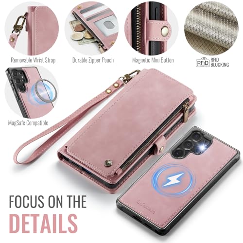 Defencase for Galaxy S24 Ultra Case Wallet Compatible with Magsafe, Pink | Magnetic Detachable, RFID Bolcking Card Holder, Zipper Strap, PU Leather Drop-Proof Phone Cover for Samsung Galaxy S24 Ultra - color: (Detachable with Magsafe)-Pink