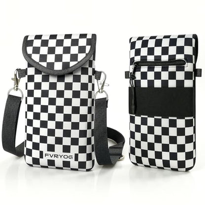Neoprene Phone Sleeve Pouch Case Bag for Men Women w/Crossbody Strap/Neck Lanyard for iPhone 17/16/15/14 Pro Max, Samsung S25，Pixel 10 - color: Black & White Checkered