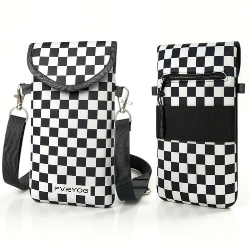 Neoprene Phone Sleeve Pouch Case Bag for Men Women w/Crossbody Strap/Neck Lanyard for iPhone 17/16/15/14 Pro Max, Samsung S25，Pixel 10 - color: Black & White Checkered