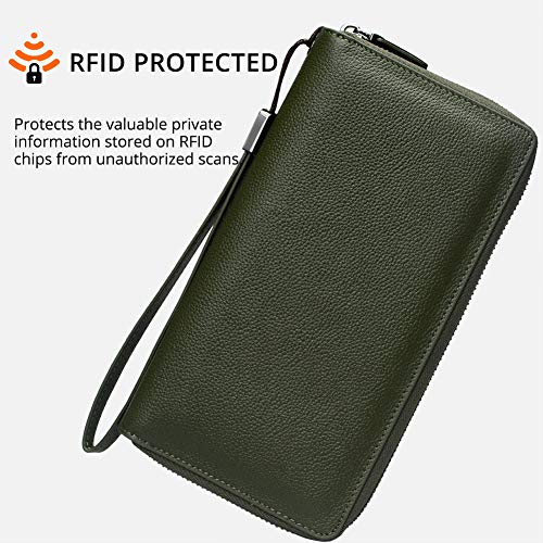 Bveyzi Women RFID Blocking Wallet Leather Zip Around Phone Clutch Large Capacity Ladies Travel Purse Wristlet - color: Olive Green