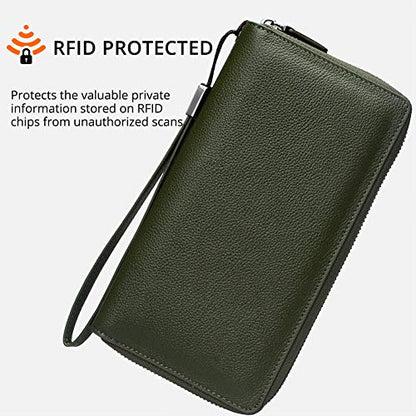 Bveyzi Women RFID Blocking Wallet Leather Zip Around Phone Clutch Large Capacity Ladies Travel Purse Wristlet - color: Olive Green