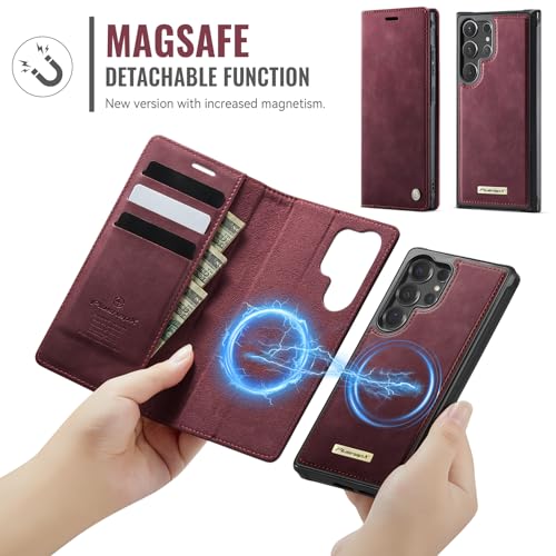 for Samsung Galaxy S25 Ultra 2in1 Detachable Wallet Case, Burgundy | Compatible with Magsafe, Magnetic, RFID Blocking Card Holder, Shockproof, Kickstand, Wireless Charging, PU Leather Flip Cover - color: Retro Burgundy, size: Galaxy S25 Ultra - 6.9"