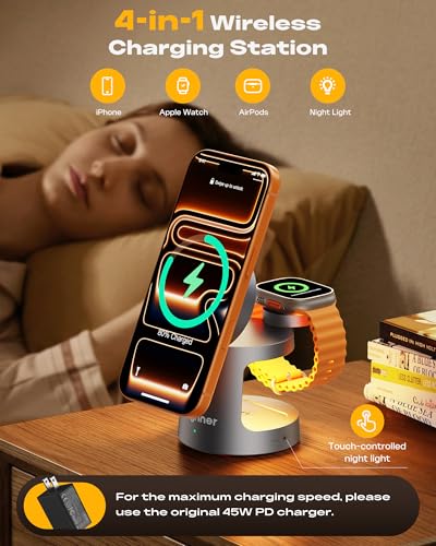 Qi2.2 25W 3 in 1 Charging Station for Apple Compatible with MagSafe Foldable Wireless Charger, Magnetic Charger with Night Light for iPhone 18/17/16/15/14/13/12, Apple Watch & AirPods (Grey) - color: Grey