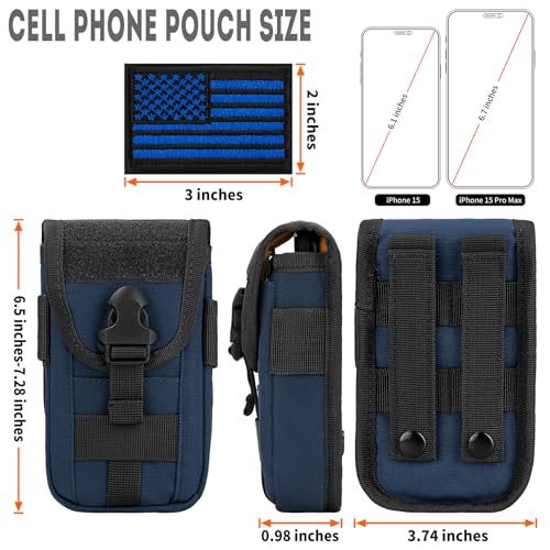 2 Pack Tactical Phone Holster Pouch, Smartphone Pouch Case Molle Attachment Belt Holder for 4.7"-6.9" Phone with US Flag Patch for iPhone 18 Pro Max/17/16/15/14 Pro Max - color: Deep Blue