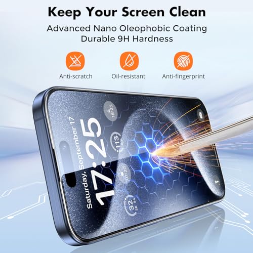 UNBREAKcable 3-Pack Screen Protector for iPhone 15 Pro Max, Double Shatterproof Tempered Glass [Easy Installation Frame] [HD Clear] [9H Hardness] [Full Coverage] for iPhone 6.7 inch - size: iPhone 15 Pro Max