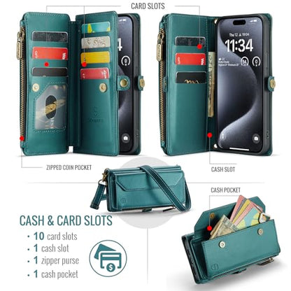 Strapurs for iPhone 15 Pro Max - Zipper Strap Wallet Case Women, Blue Green | RFID Blocking 10-Card Holder, Shoulder Lanyard, Wirst Strap, Zipper Pocket, Magnetic Snap, Soft PU Leather, Phone Flip Cover - color: Blue Green, size: iPhone 15 Pro Max - 6.7"