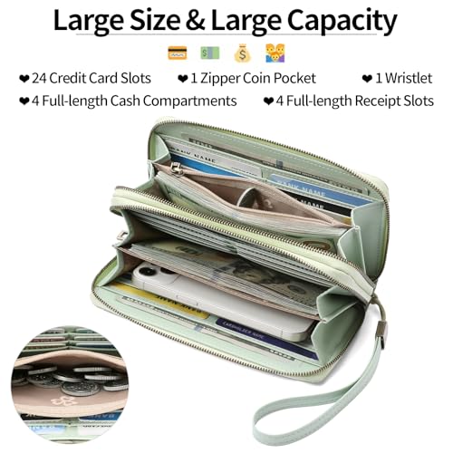 GAEKEAO RFID Leather Wristlet Wallet for Women with Grip Strap | Large capacity clutch wallet, credit card holder, wrist strap, zipper purse, travel and shopping - color: A12 Embossed Light Green-1