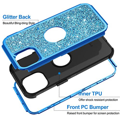 Hython Case for iPhone 13 Case Glitter, Cute Sparkly Shiny Bling Sparkle Cover, Heavy Duty 3 in 1 Hybrid Hard PC Soft TPU Bumper Full Body Shockproof Protective Phone Cases for Women Girls, Blue - color: Blue