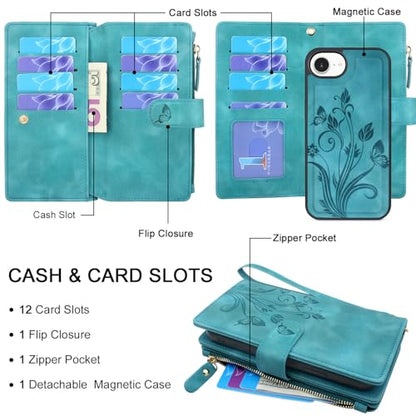Case Wallet Compatible with iPhone 16e/17e, [12 Card Slots] ID Credit Cash Holder Zipper Pocket Detachable Leather Wallet Cover with Wrist Strap Lanyard（Floral Blue Green） - color: Floral Blue Green