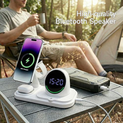 6 -in -1 Wireless Charger Charging Station : Compatibility for iPhone 17 16 15 14 Pro Max Apple Watch, Charger Stand for Apple Devices, with Wireless Speaker and Digital Clock Ambient Lights (White)