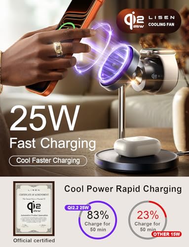 LISEN Qi2.2 25W 3-in-1 Charging Station for iPhone Device, Magsafe Charger Stand with Smart Cooling Fan, 25W Magsafe Wireless Charger for iPhone 18/17/16/15/14/13/12, Apple Watch, AirPods with Adapter
