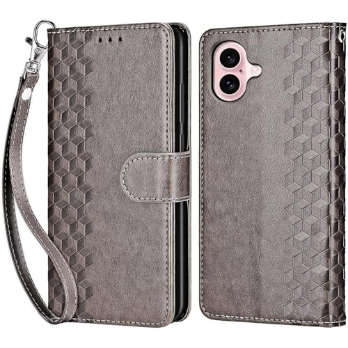 for iPhone 16 Wallet case, Gray-Cube | 3 Card Holders, Kickstand, Shockproof TPU Shell, PU Leather, Magnetic Closure, Protective Flip Folio Cover, Women - color: 10