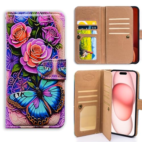 Bcov Case for iPhone 16,Blue Butterfly Flowers Rose Multifunction Leather Phone Case Wallet Flip Cover with Multi Card Slots Pocket Wrist Strap for Apple iPhone 16 - color: Blue Butterfly Flowers Rose