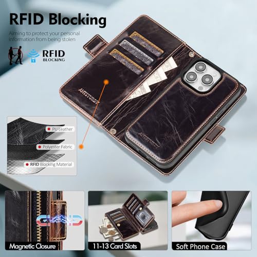 Antsturdy Compatible with MagSafe iPhone 13 Pro Wallet Case,Coffee | Detachable Magnetic Credit Card Holder,RFID Blocking,PU Leather Zipper Purse,Wrist Strap Kickstand,Flip Phone Cover for Women - color: (Detachable with Magsafe)-Coffee