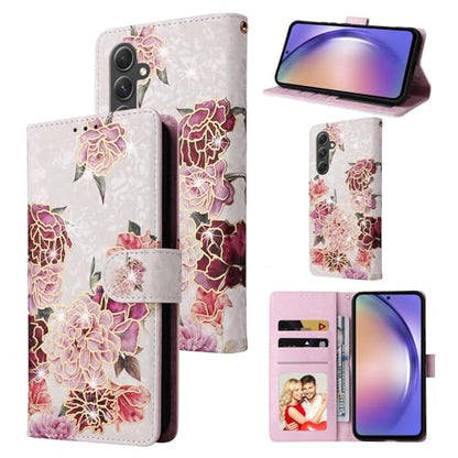 UEEBAI Wallet Case for Samsung Galaxy A26 5G, PU Leather Phone Cover Kickstand RFID Blocking Flip Case Card Slots Wrist Strap Relief Engraved Pattern Magnetic Closure Folio Cover - White Flower - color: White Flower, size: Samsung Galaxy A26 5G