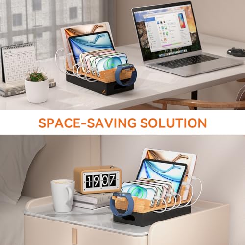 Bamboo Charging Stand for Multiple Devices Phone Watch Stand-Natural+Black - color: Natural + Black (No USB Charger)