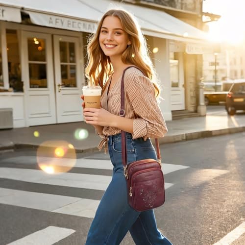 Small Crossbody Bags for Women, RFID Phone Purse with Card Slots, Triple Compartments Lightweight Shoulder Bag - color: 6-red