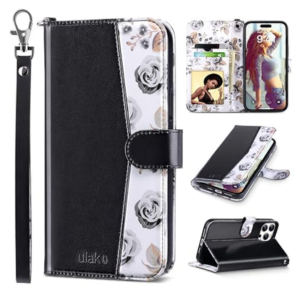 ULAK Compatible with iPhone 15 Pro Max Wallet Case Card Holder, Black | for Women with Credit Card Holders, [RFID Blocking], Designed Flip PU Leather Kickstand Shockproof Protective Cover - color: Black, size: iPhone 15 Pro Max - 6.7 inch