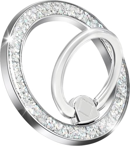 Magnetic Phone Ring for MagSafe Phone Grip, Magnetic Cell Phone Stand Holder Finger Ring [Super Magnet] Compatible with iPhone 17/16/15/14/13/12 Series - Stylish Glitter Silver-S-25